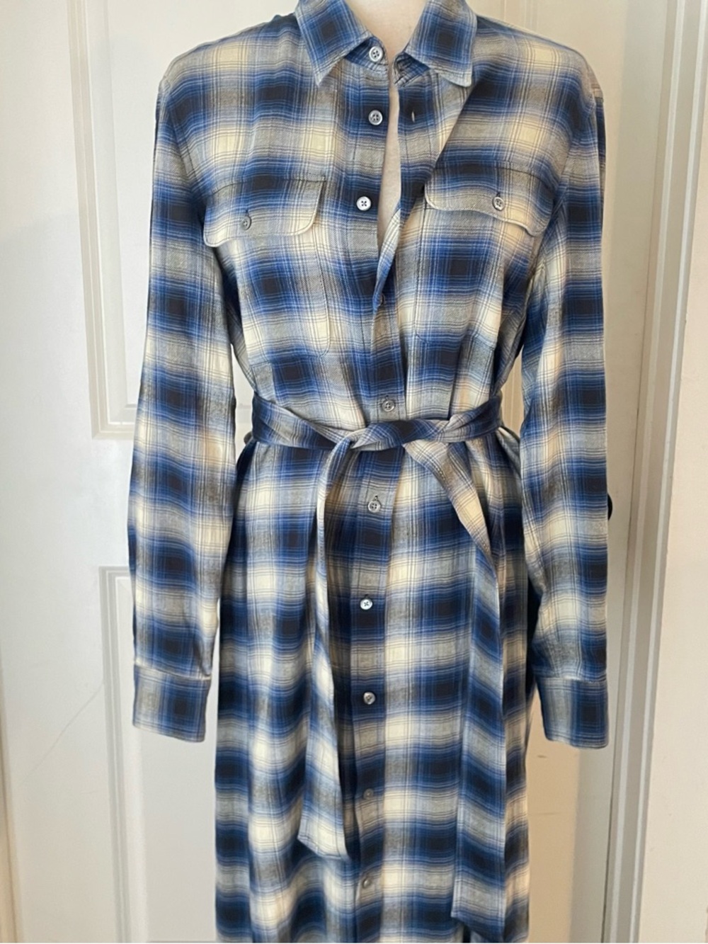 New Polo Ralph Lauren Plaid Button-Front Shirt Dress with Waist Tie - Blue Sz 10 - Picture 5 of 9